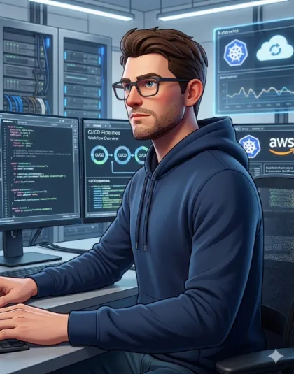 3D cartoon illustration of Marius at his desk